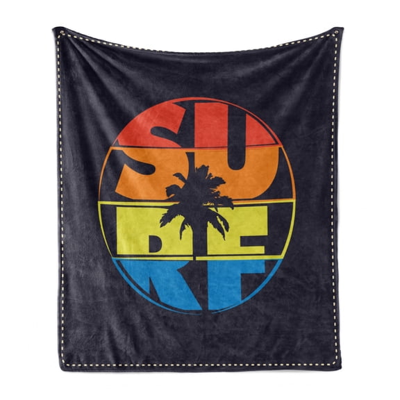Modern Soft Flannel Fleece Throw Blanket, Surf Typography in Rainbow Colors Featured with Palm Tree Silhouette Illustration, Cozy Plush for Indoor and Outdoor Use, 70" x 90", Multicolor, by Ambesonne