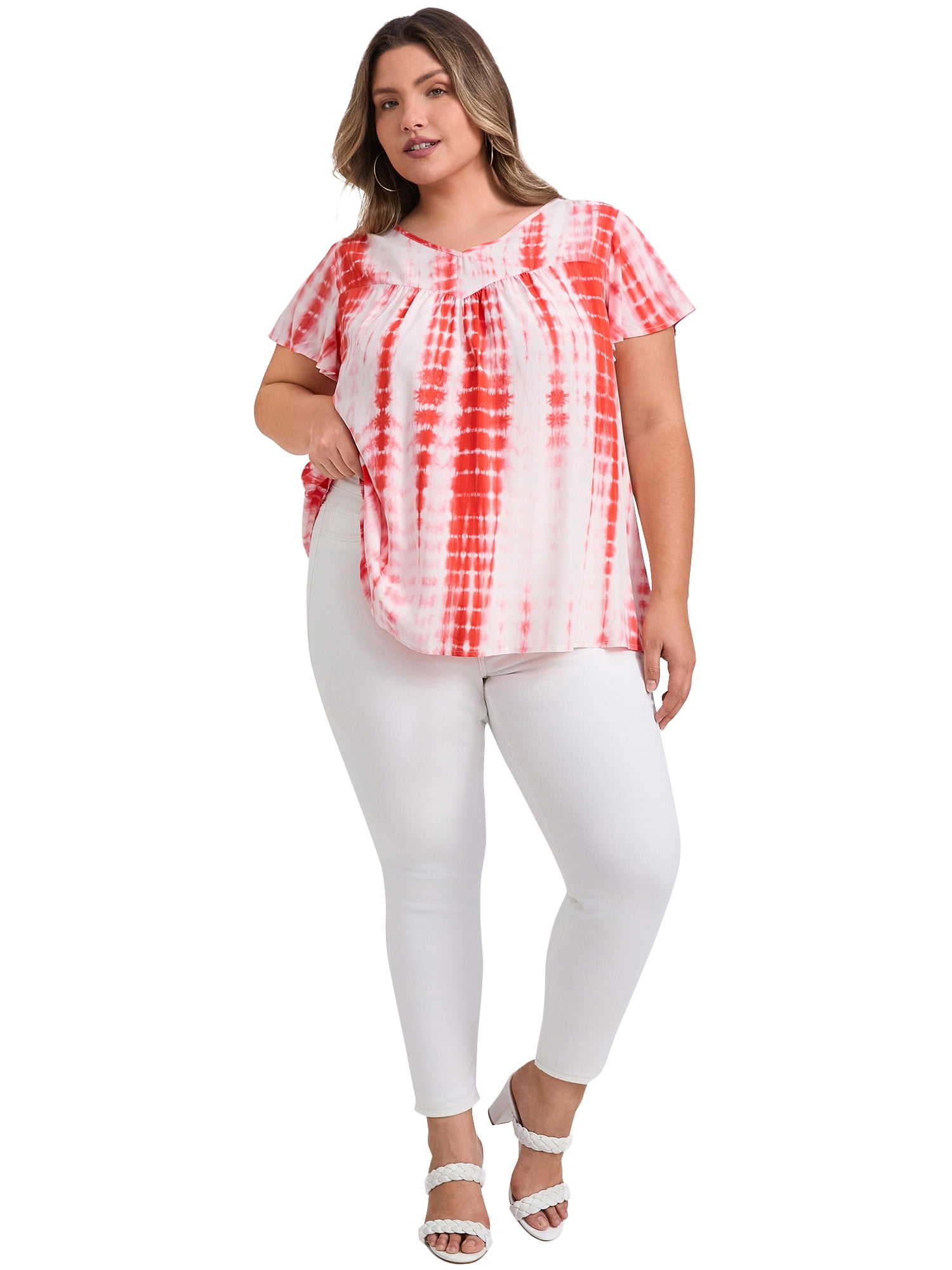 DARING DIVA Women's Plus Tie Dye V Neck Ruffle Sleeve Blouse 1X Orange
