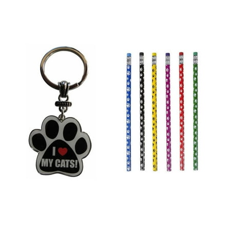 Bundle 2 Items: One (1) I Love My Cats! Paw Print Keychain and a Lot of Twelve (12) Paw Print Pencils