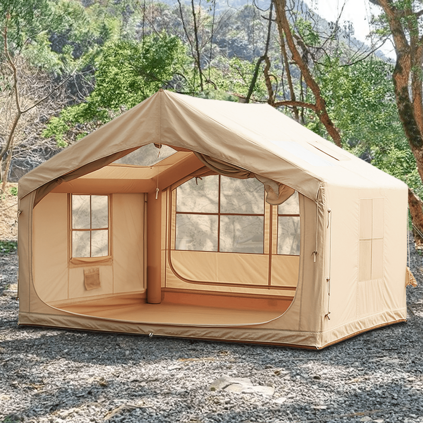 6-8 People Inflatable Tent for Camping , Easy Setup Blow Up Tent with Stove Jack , Waterproof Air Tent Portable for Party