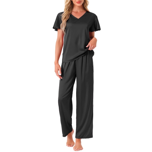 Conjunto de pijama de satén sedoso para mujer INSPIRE CHIC de 2 piezas, con top de manga corta con volantes y pantalones largos, ropa de dormir y loungewear, color negro