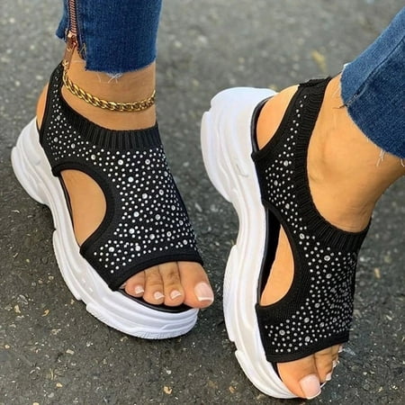 

Yilirongyumm Black 42 Sandals Women Sandals Wedge Rhinestone Mesh Women s Breathable Casual Platform Fashion Women s Sandals