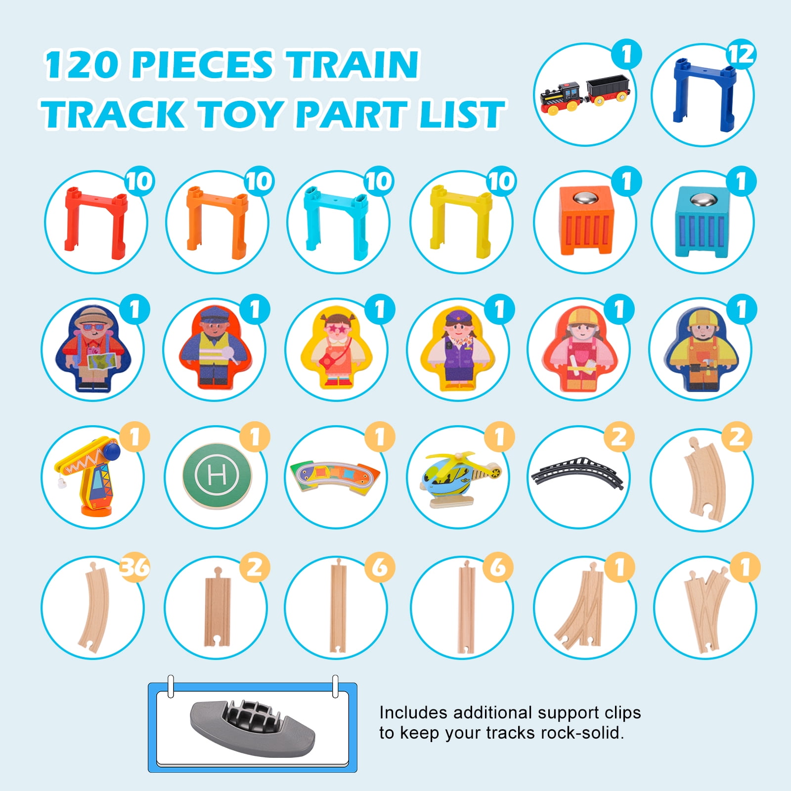 UDEAS 120Pcs Wooden Train Tracks Set, 398-inch Track Expansion, Toddler Railway Bridge Toy Train Set with Airplane and Magnetic Crane, Birthday Gifts for Boys and Girls