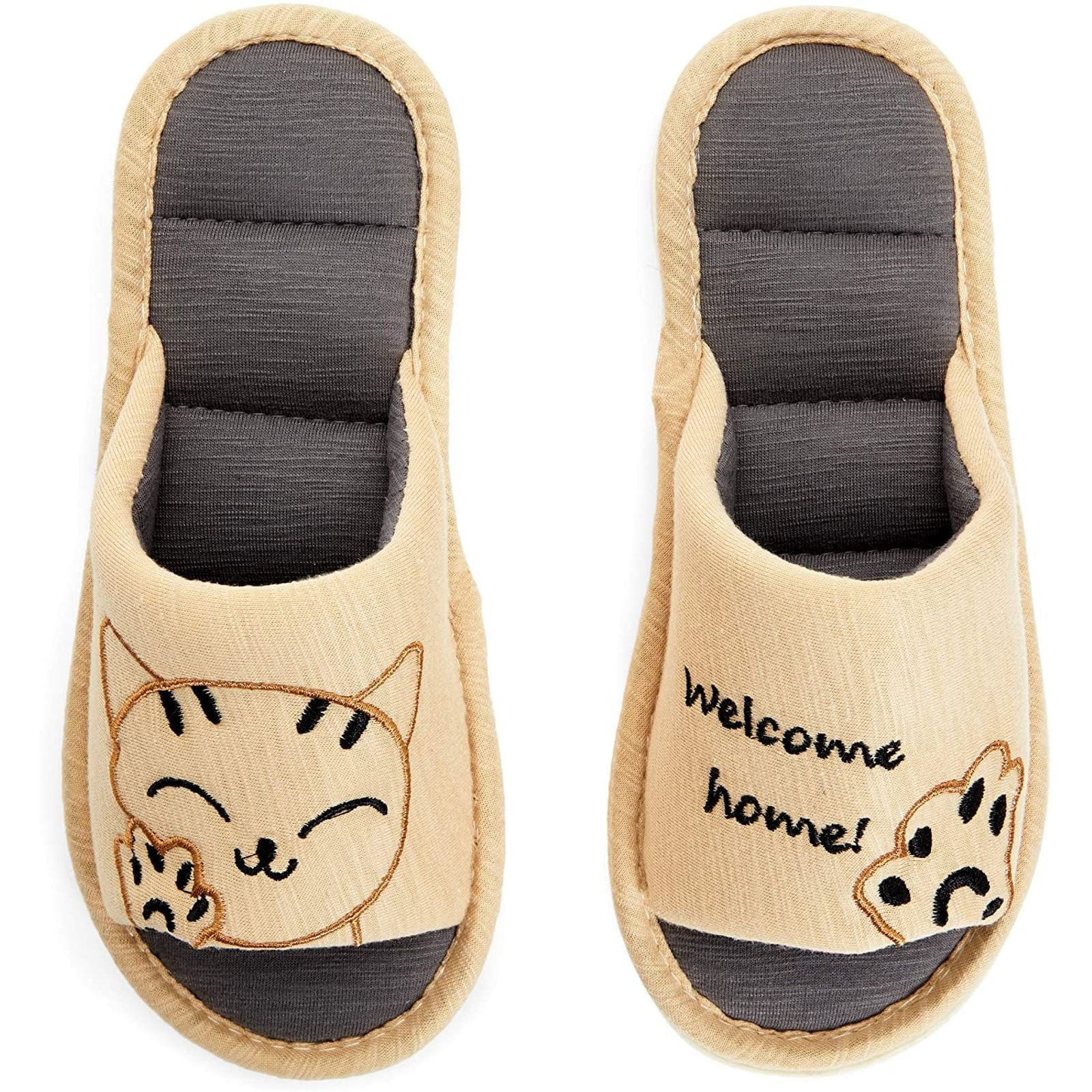 Cat Beach Slide Slippers for Women, Beige (US Size 7, Small)