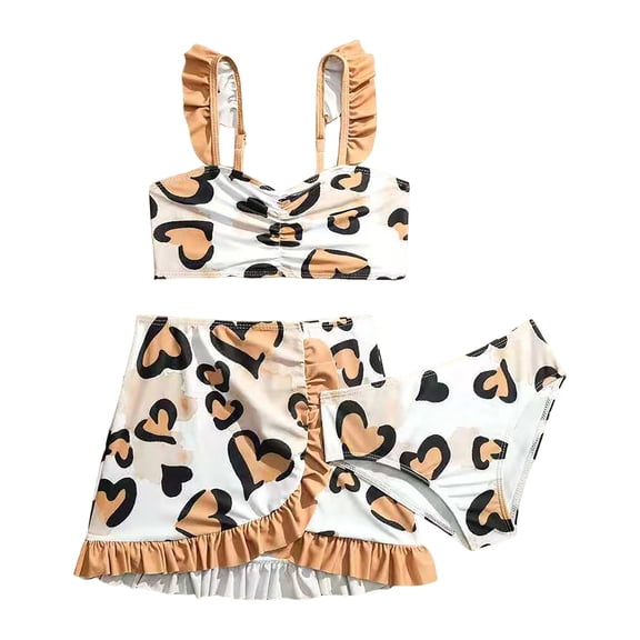 Caqnni Girls Swimsuit 3 Piece Bathing Suit Bikini Set Girls' Swimwear With Skirt Swimwear Suit for Summer Vacation 5-6 Years Brown