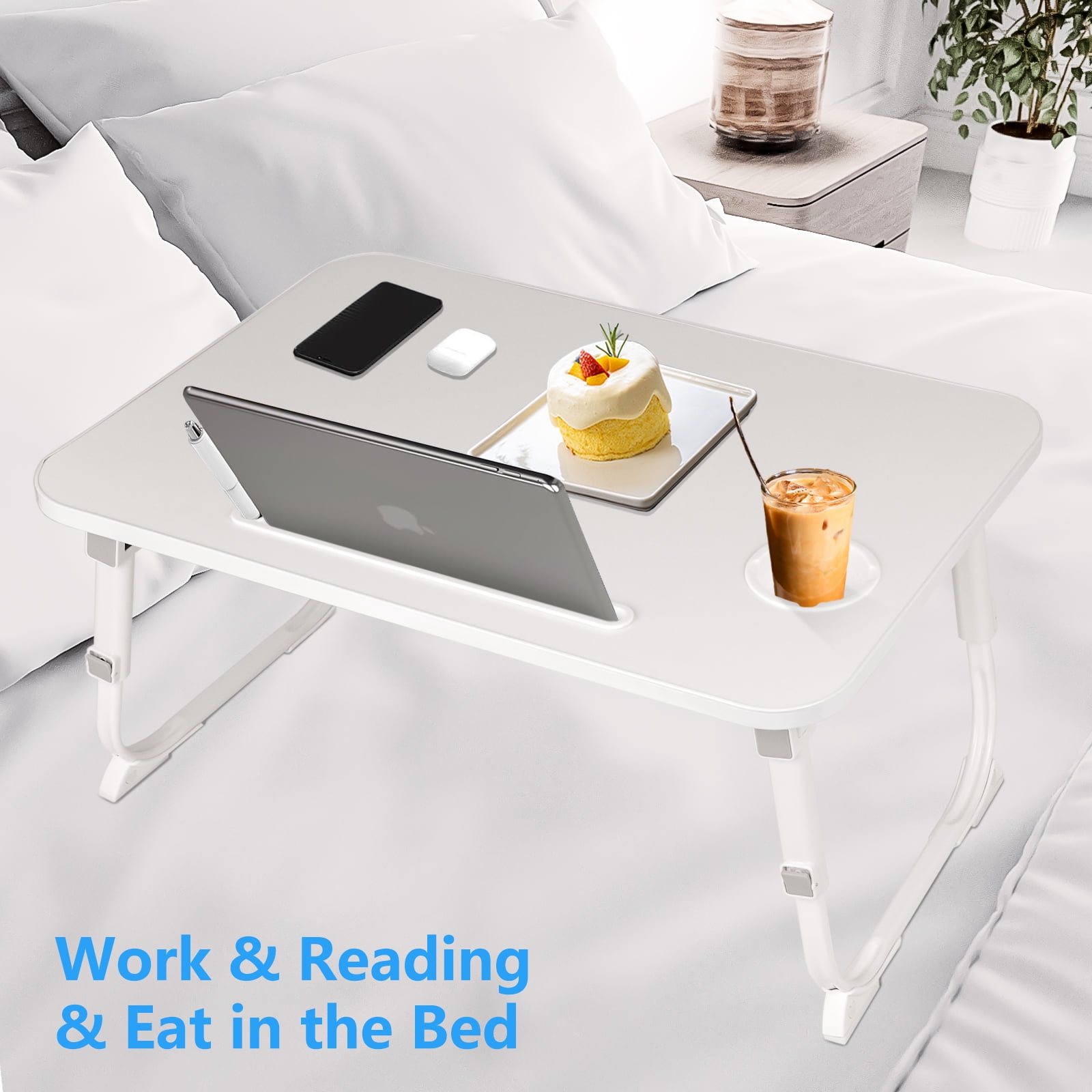 Yoneston Folding Laptop Bed Table, 23.6inch Portable Bed Tray Height Adjustable Laptop Desk with iPad Slots, Drawer and Cup Holder for Working Reading Writing, Eating, Watching-White