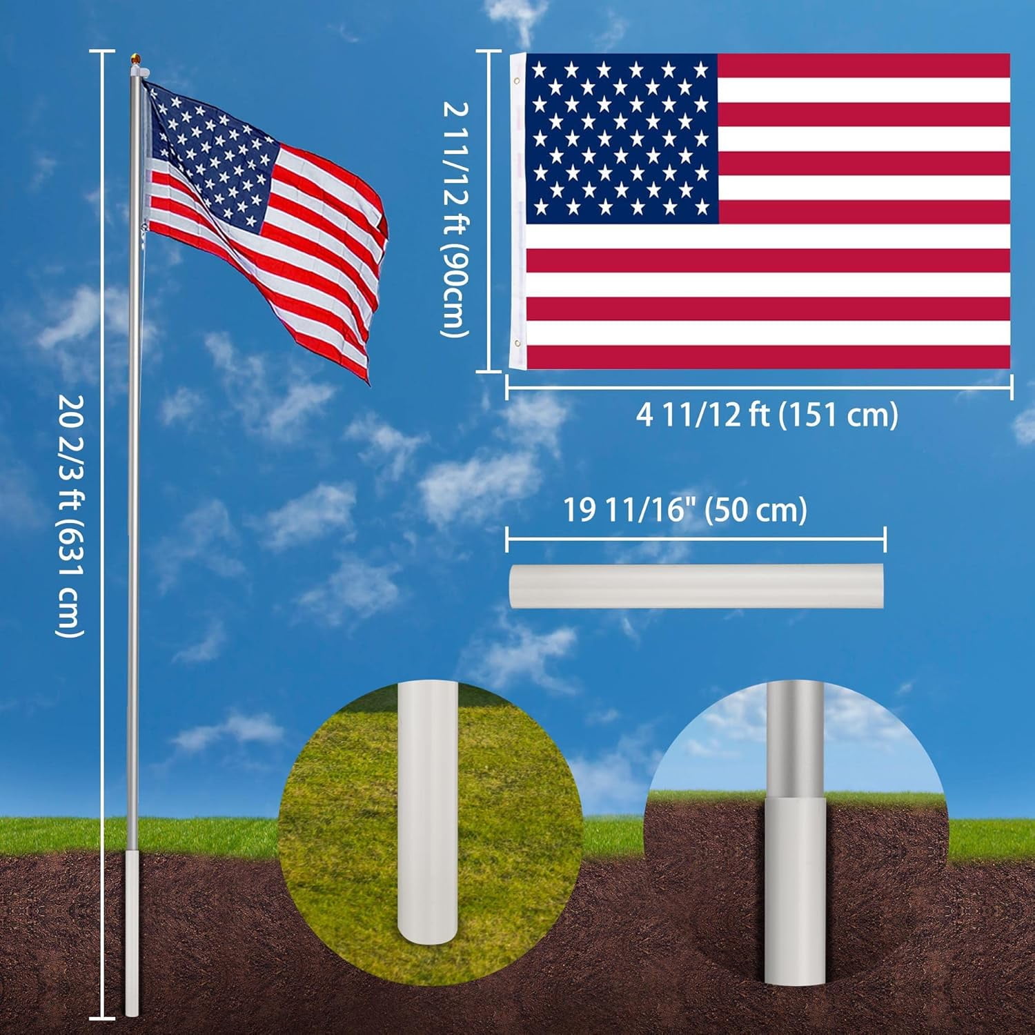 DEALTOPS Upgraded 20ft Aluminum Sectional Flagpole Kit 3'x5' US American Flag Gold Ball Kit Hardware for Outdoor Residential Yard Commercial