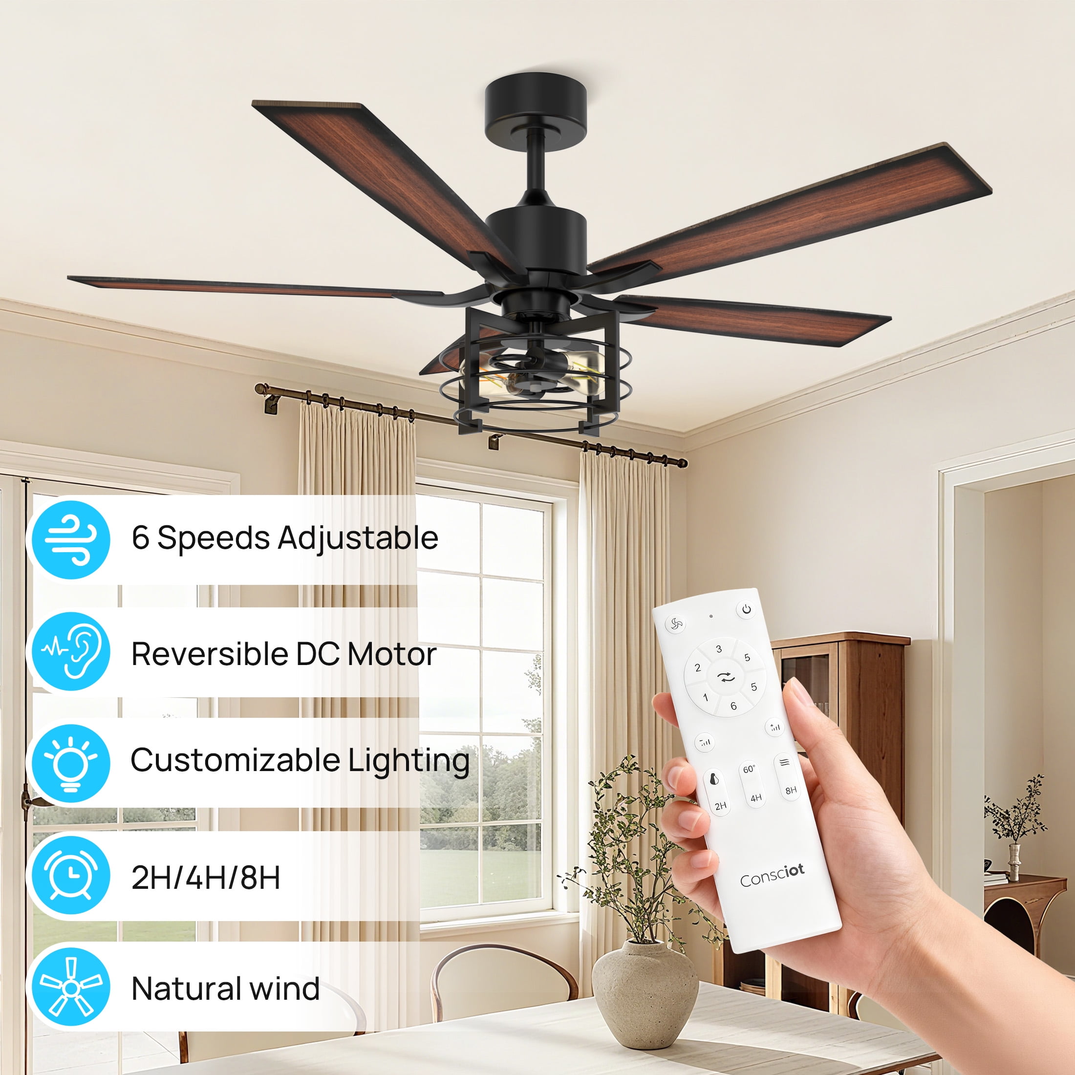 Consciot 52 Inch Ceiling Fans With Lights & Remote, Reversible Motor, Modern Farmhouse Caged Ceiling Fan, 5 Double Finish Wood Blades, Rustic Ceiling Fan For Porch, Living Rooms, Bedroom, Black