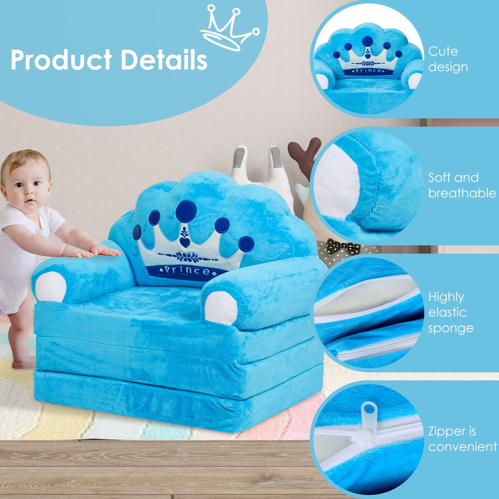 Dznils Toddler Sofa Chair, 2-in-1 Soft Foam Flip Open Kids Couch Lounger Comfy, Ages 1+, Blue Prince