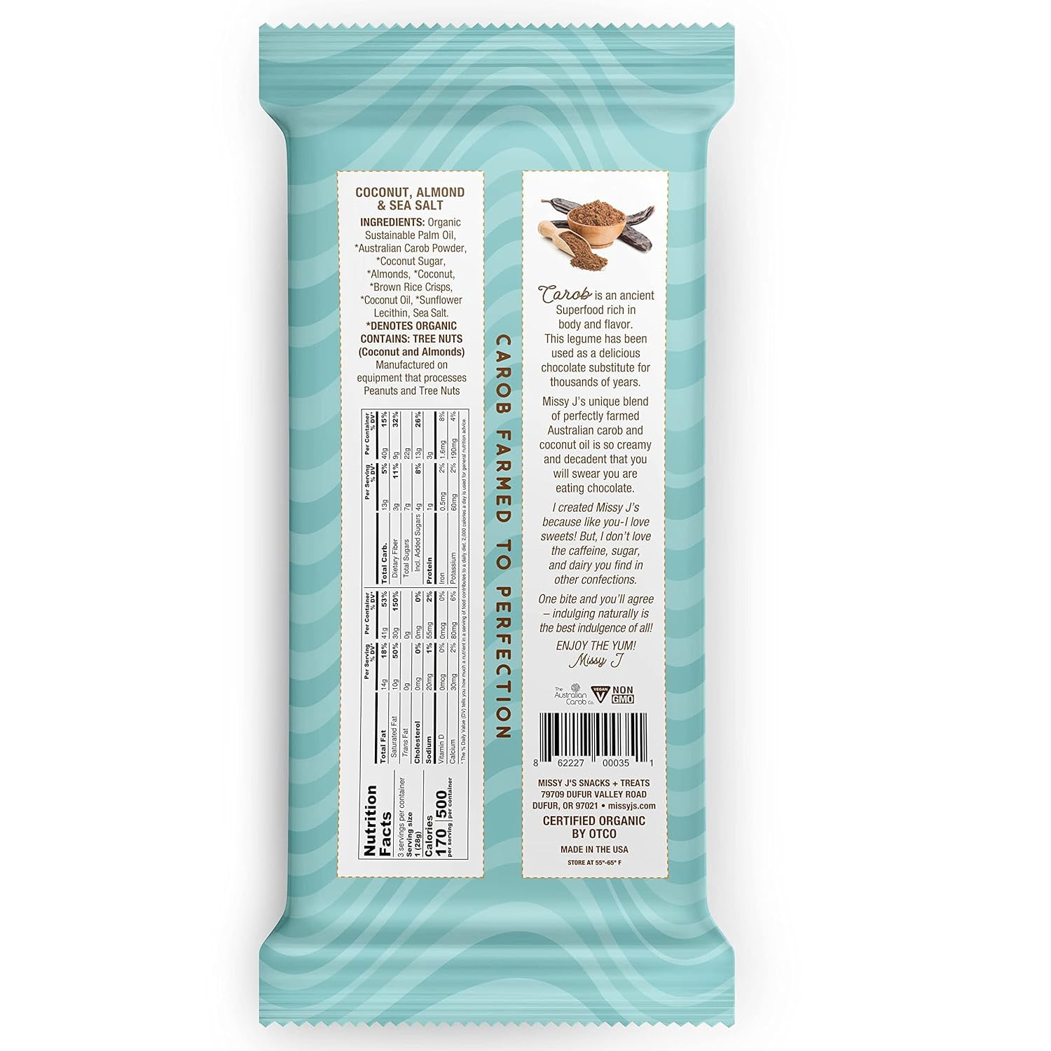Missy J's Organic Carob Bars Variety Vegan & Gluten-Free Snacks with Coconut Sugar Healthy Desserts