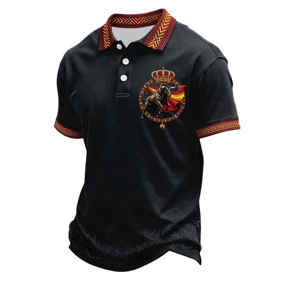 Mens Polo Shirts with Spanish Bullfight Theme Print Casual Short Sleeved Shirt Top