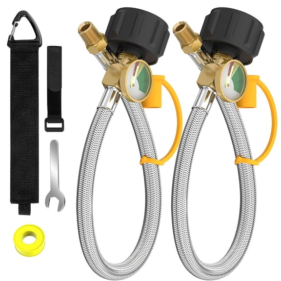 RV Propane Hose with Gauge, 18 Inch Stainless Steel Braided Camper Tank Hose,Rv lp Gas Hoses Connector for Standard Two-Stage Regulator, 40Lb 250PSI, 1/4" NPT /QCC1 Fittings (2PCS)