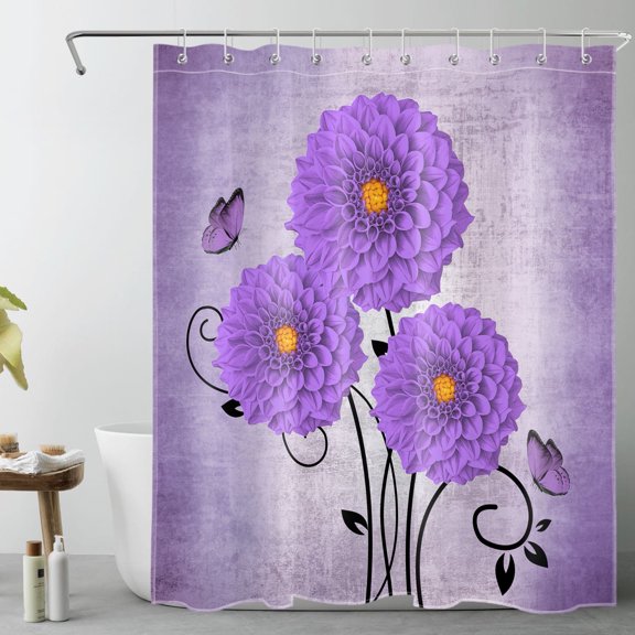 HVEST Purple Floral Shower Curtain, Purple Dahlia Flower Butterfly Shower Curtain - Rustic Farmhouse Bathroom Decor, Waterproof Polyester Fabric, Includes 10 Hooks, 60x72 Inches