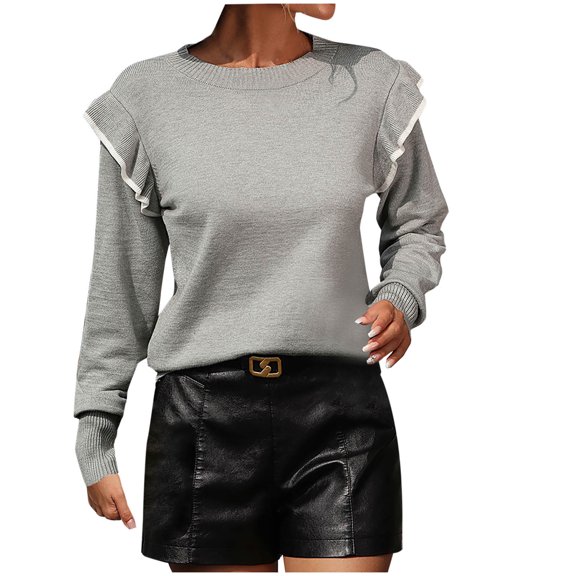 QIPOPIQ Womens Sweaters Clearance Pullover Sweaters Fashion Casual Color Long Sleeve Round-Neck Sweater Knitwear Gray XL