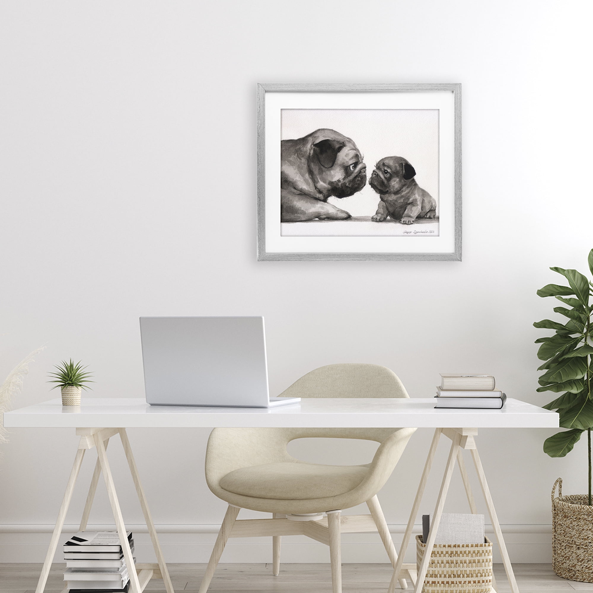 Stupell Industries Pug And Her Puppy Gray Framed Print Under Glass, design by George Dyachenko