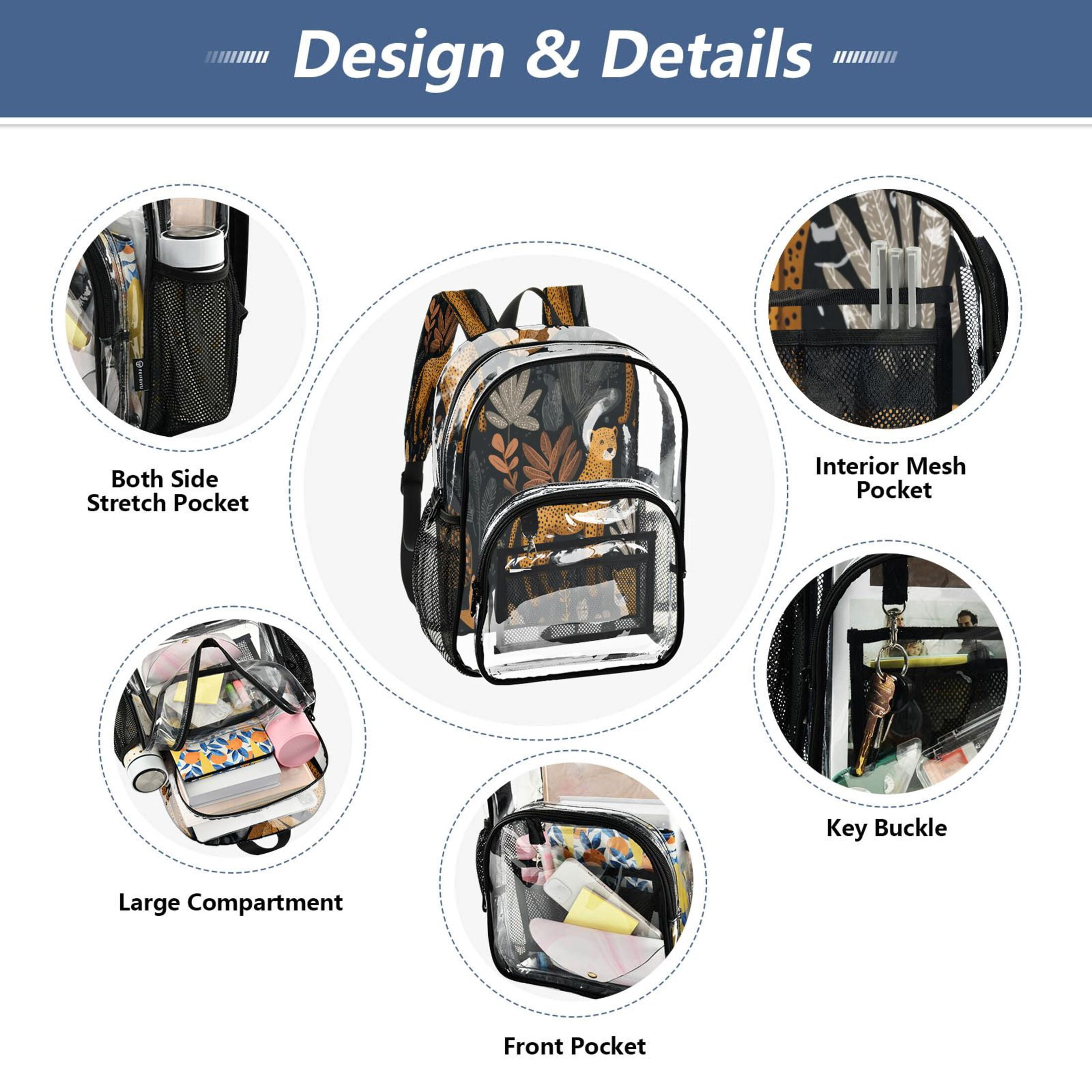 PVC Transparent Backpacks Clear Backpack for Travel and Outings Cheetahs and Jungle Foliage Pattern
