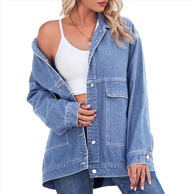 Chaqueta Vaquera de Mujer, Estilo Boyfriend, Extragrande, con Botones, Larga, Aberturas Laterales Azul M