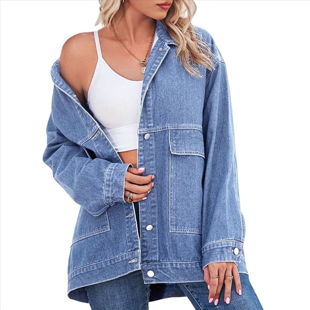 Chaqueta Vaquera de Mujer, Estilo Boyfriend, Extragrande, con Botones, Larga, Aberturas Laterales Azul L