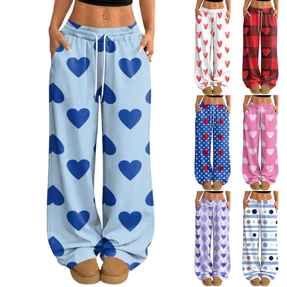 Hearthz Pajamas Pants Women Drawstring Wide Leg Valentine's Day Heart Print Soft Lounge Pants Women Baggy Soft Comfy Lightweight Sleepwear Bottoms