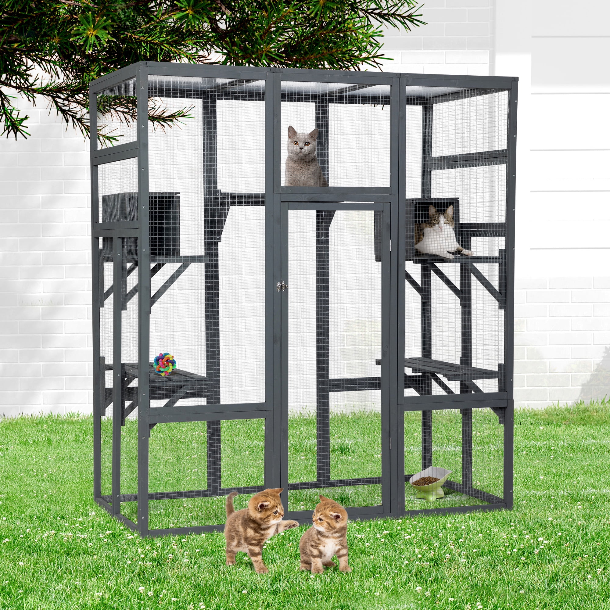 Coziwow Large Wooden Cat House, Outdoor Cat Enclosure with Weather Protection Roof, Catio Cat Cage with 5 Platforms and 2 Caves, Gray