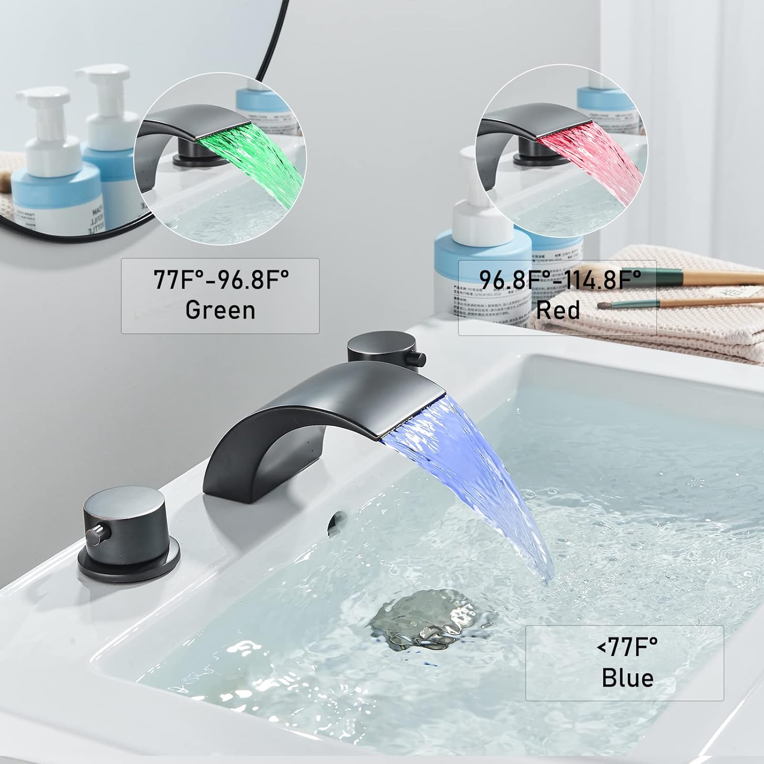 Zovajonia 3 Hole Bathroom Faucet Dual Crystal Knobs Vanity Basin LED Sink Faucet Mixer Bronze Bath Faucets ,Widespread bathroom faucets for sink 3 hole Waterfall Tub Faucet Oil Rubbed Bronze