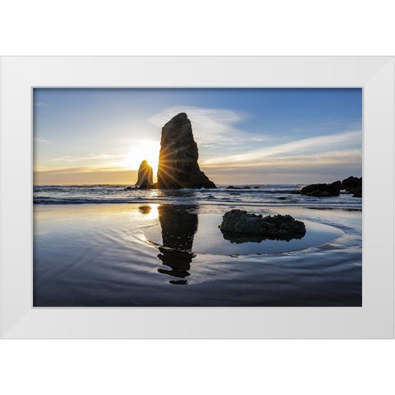 Haney, Chuck 14x11 White Modern Wood Framed Museum Art Print Titled - Haystack Rock Pinnacles at low tide in Cannon Beach-Oregon-USA
