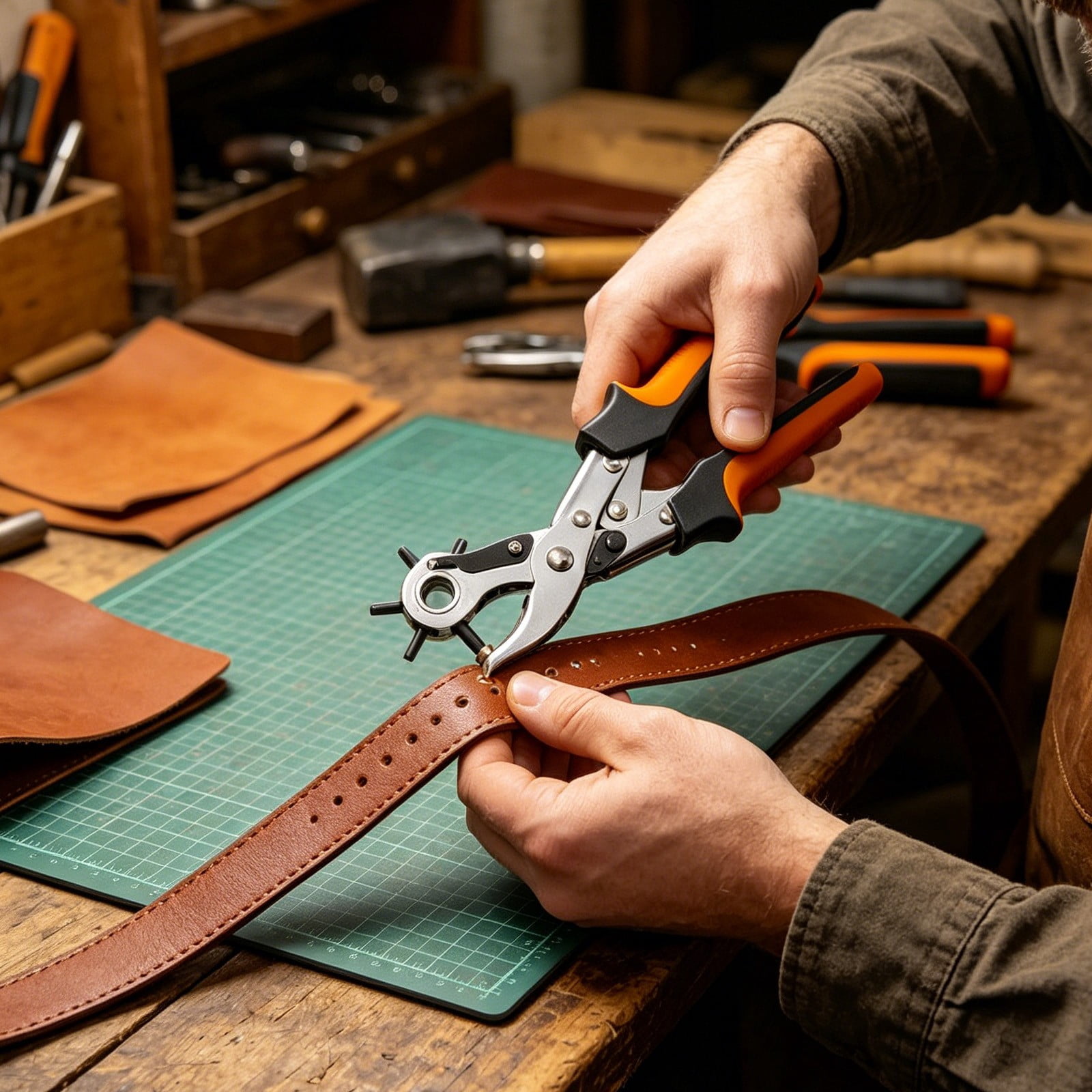 COM1950s Leather Hole Punch Tool, Revolving Belt Hole Puncher Plier with 6 Adjustable Sizes, Heavy Duty Hand Tool for Belts, Watch Bands, Leather Crafts, and Home Repair