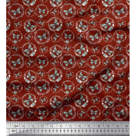 Soimoi Red Poly Georgette Fabric Wreath & Butterfly Print Fabric by the Yard 52 Inch Wide