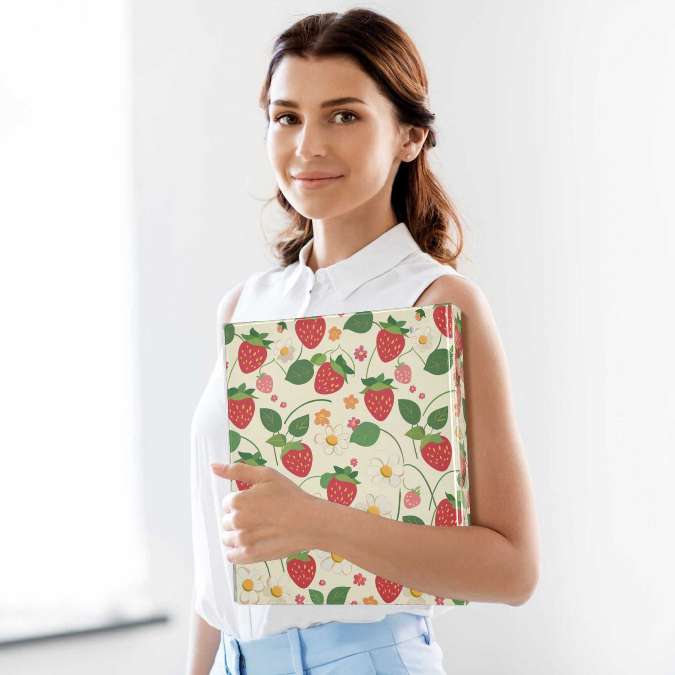 joogoo Strawberry and Daisy Flower Hardcover 3 Ring Binder 1.5" Round Rings Interior Pockets Binders Organizer 1 Pack
