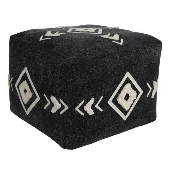 Laddha Home Designs 18" Black and White Diamond Medallion Square Pouf Ottoman