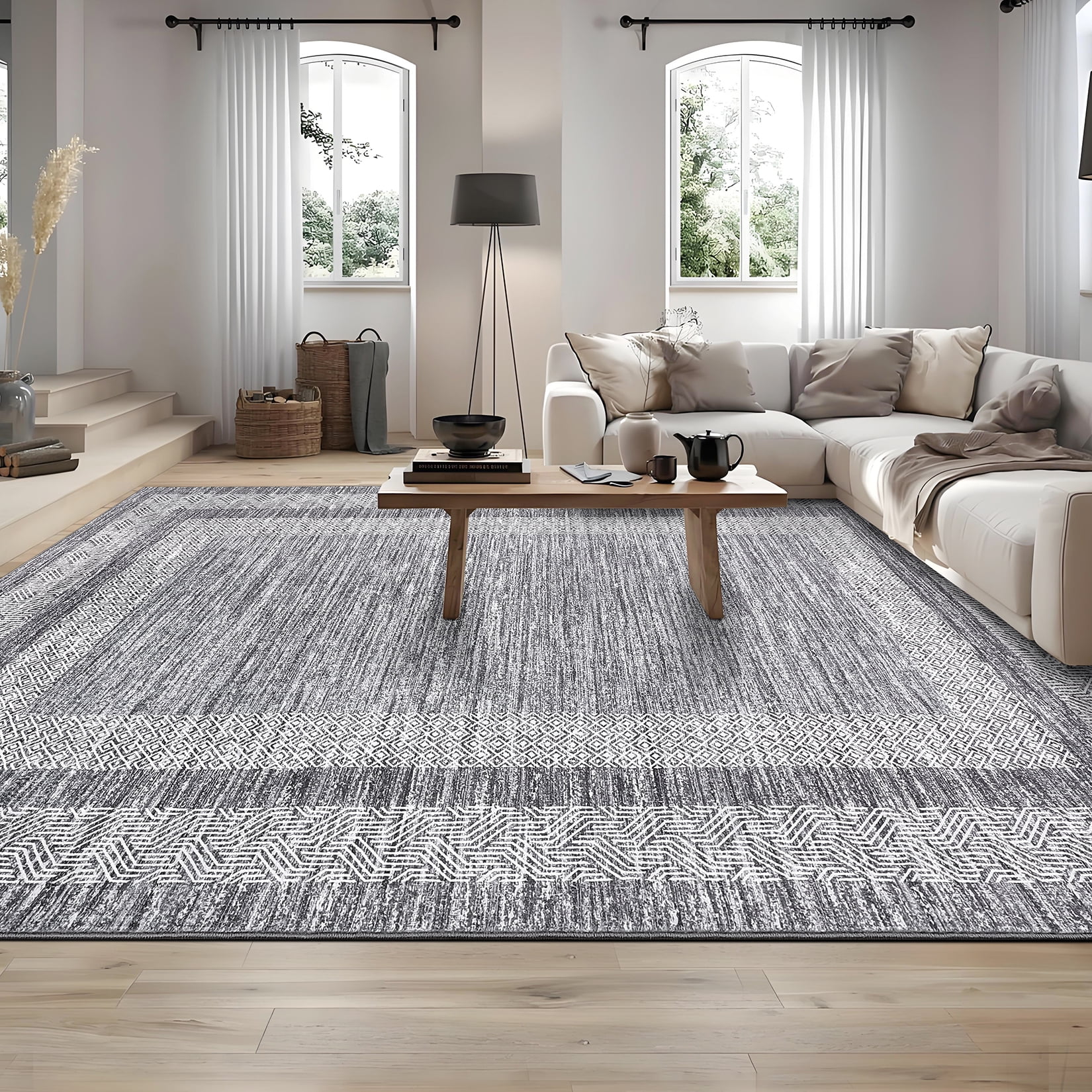 Hasoo Area Rug 8' x 10' Rugs for Dining Room Washable Rugs Modern Geometric Bordered Indoor Carpet Soft Lightweight Foldable Nonslip Gray Rug
