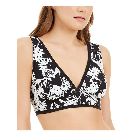 TOMMY HILFIGER Women's Black Printed Removable Cups Mesh-Trim Deep V Neck UV Protection Swimsuit Top S