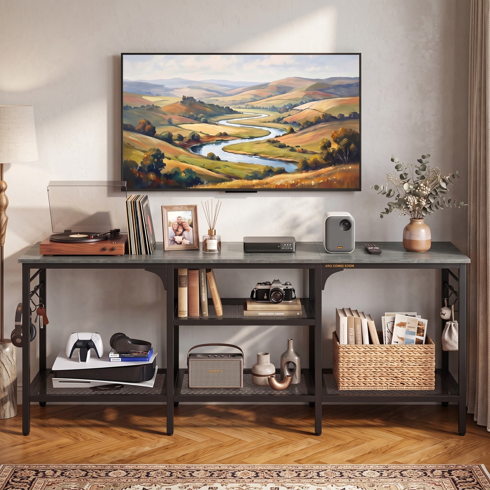 Furnibear TV Stand for TVs up to 65 Inch, 3-Tier Open Shelf Entertainment Center with 4 Hooks, Metal Frame Media Console Table for Living Room Bedroom, Oak & Black