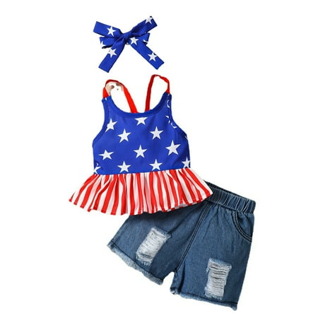 

TAIAOJING Baby Girl Summer Outfits Kids Toddler Spring Print Independence Day Ruffle Headbands Sleeveless Vest Jeans Shorts Clothes Set 4-5 Years