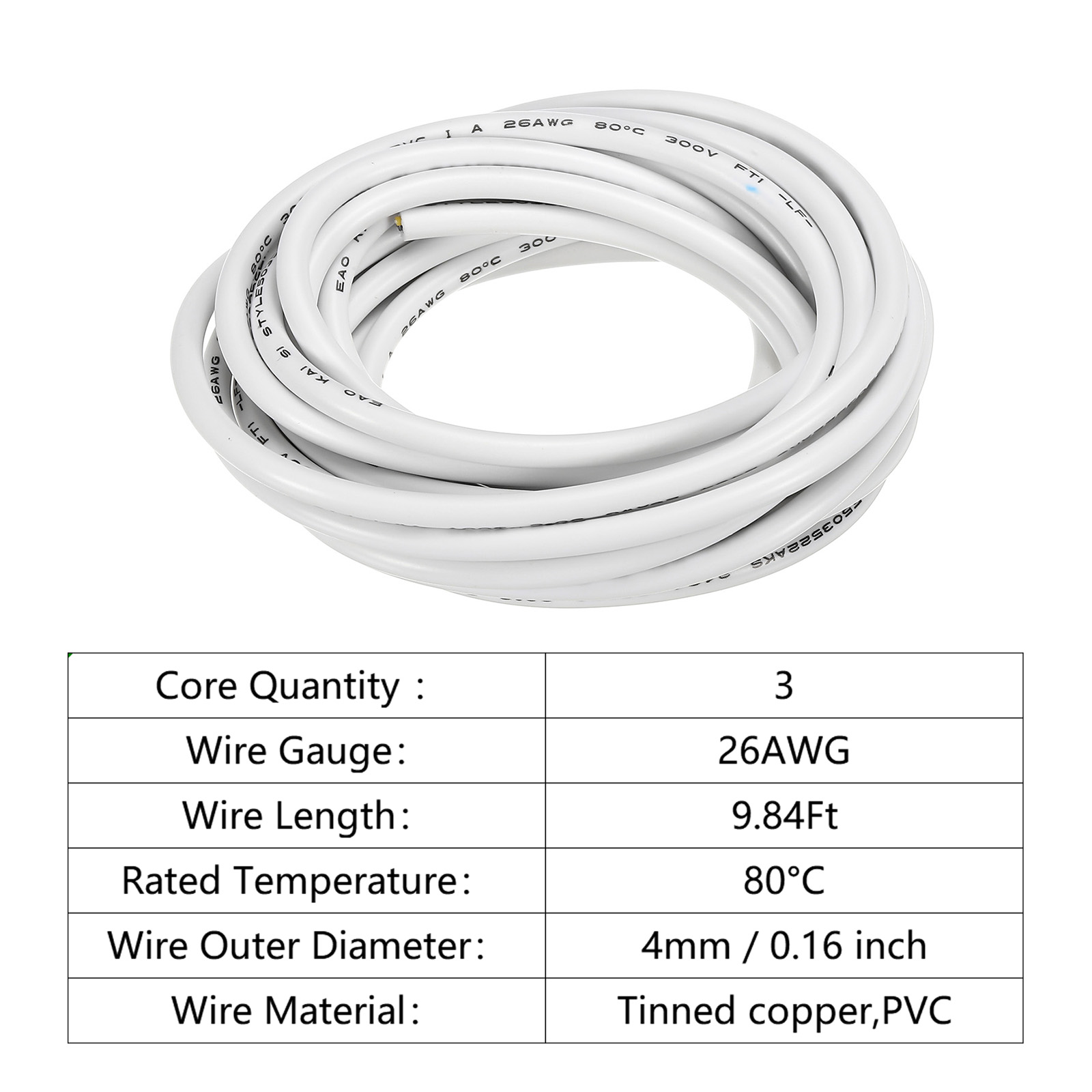 26AWG Electrical Wire 3 Conductors Tinned Copper 9.8Ft Low Voltage Case Flexible Extension Power Cord White