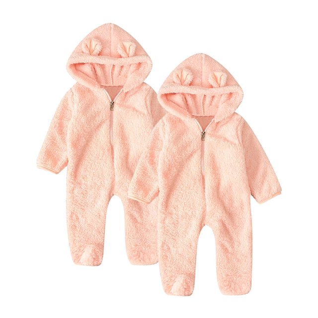 Kovlvoll 2pc Newborn Baby Clothes Fuzzy Fleece Rompers Zipper Hooded Long Sleeve Solid Color Keep Warm Infant Jumpsuit