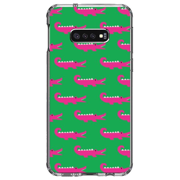 DistinctInk Clear Shockproof Hybrid Case for Samsung Galaxy S10e (5.8" Screen) - TPU Bumper, Acrylic Back, Tempered Glass Screen Protector - Green Pink Alligators - Cartoon Alligators