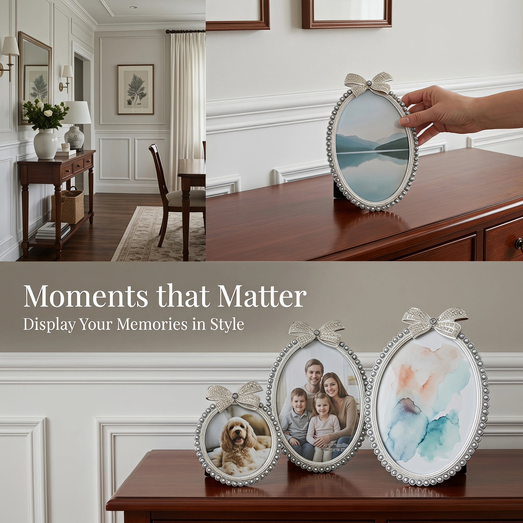 Unique Bargains Bow Picture Frame Cute Pearl Photo Frame with HD Glass Gray 3.94"x 5.91"