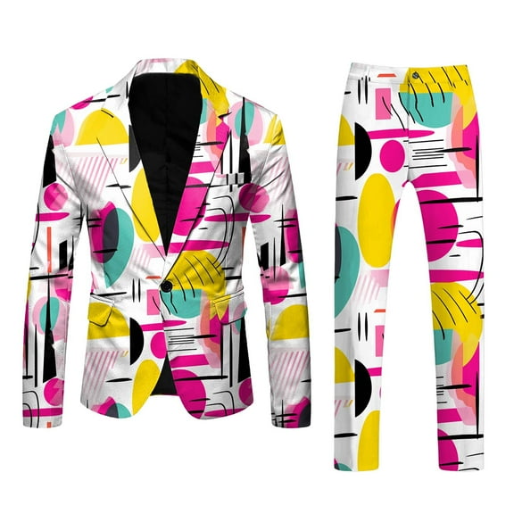 Mens 3D Digital Printed Suit Set Light Business Suit Jacket Trousers Set