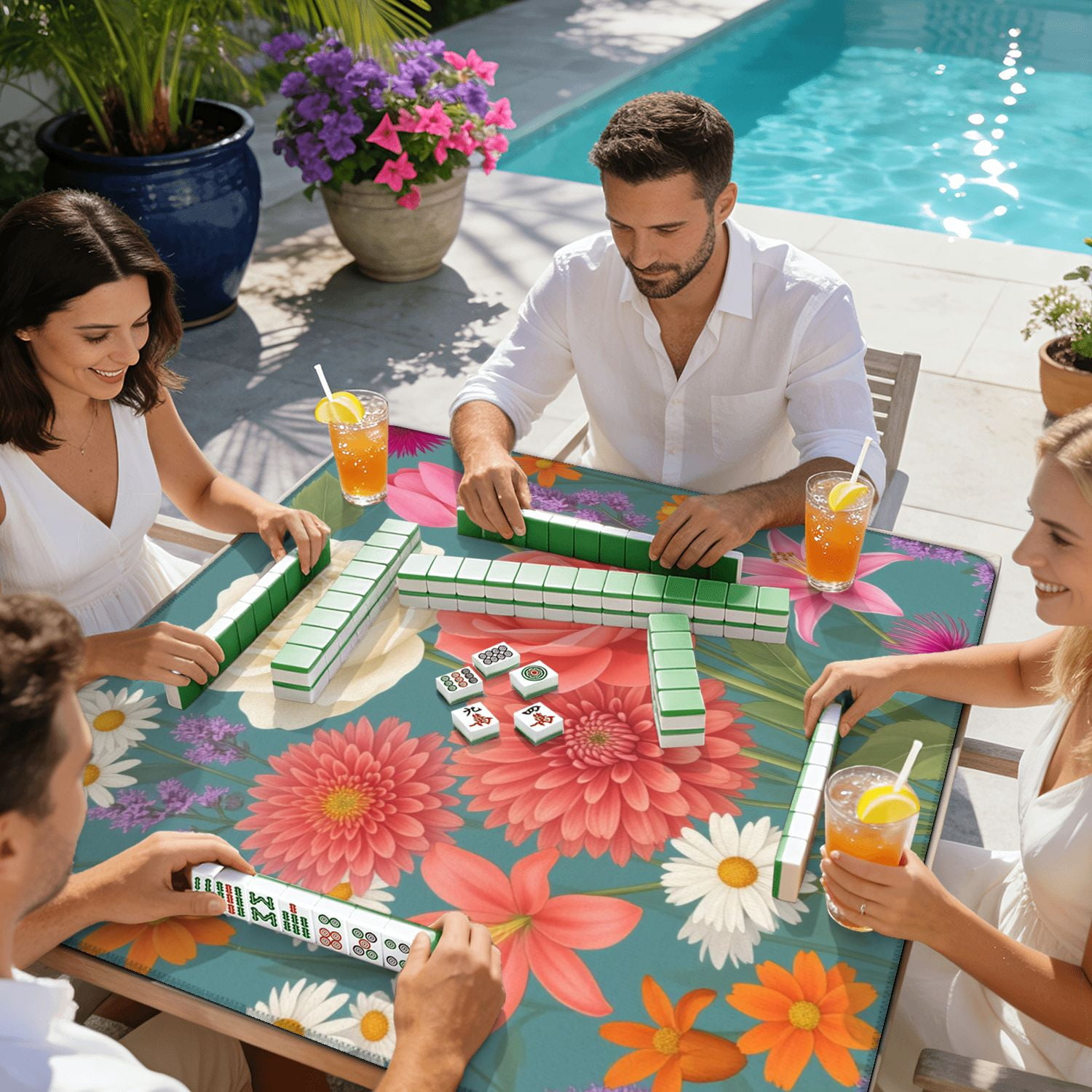 Mahjong Mat 31.5" x 31.5" Vibrant Floral Arrangement Roses Daisies Lilies Teal Non-Slip Noise Reduction American Mahjong Tiles Table Cover for Dominoes Poker Card Board Games Gift
