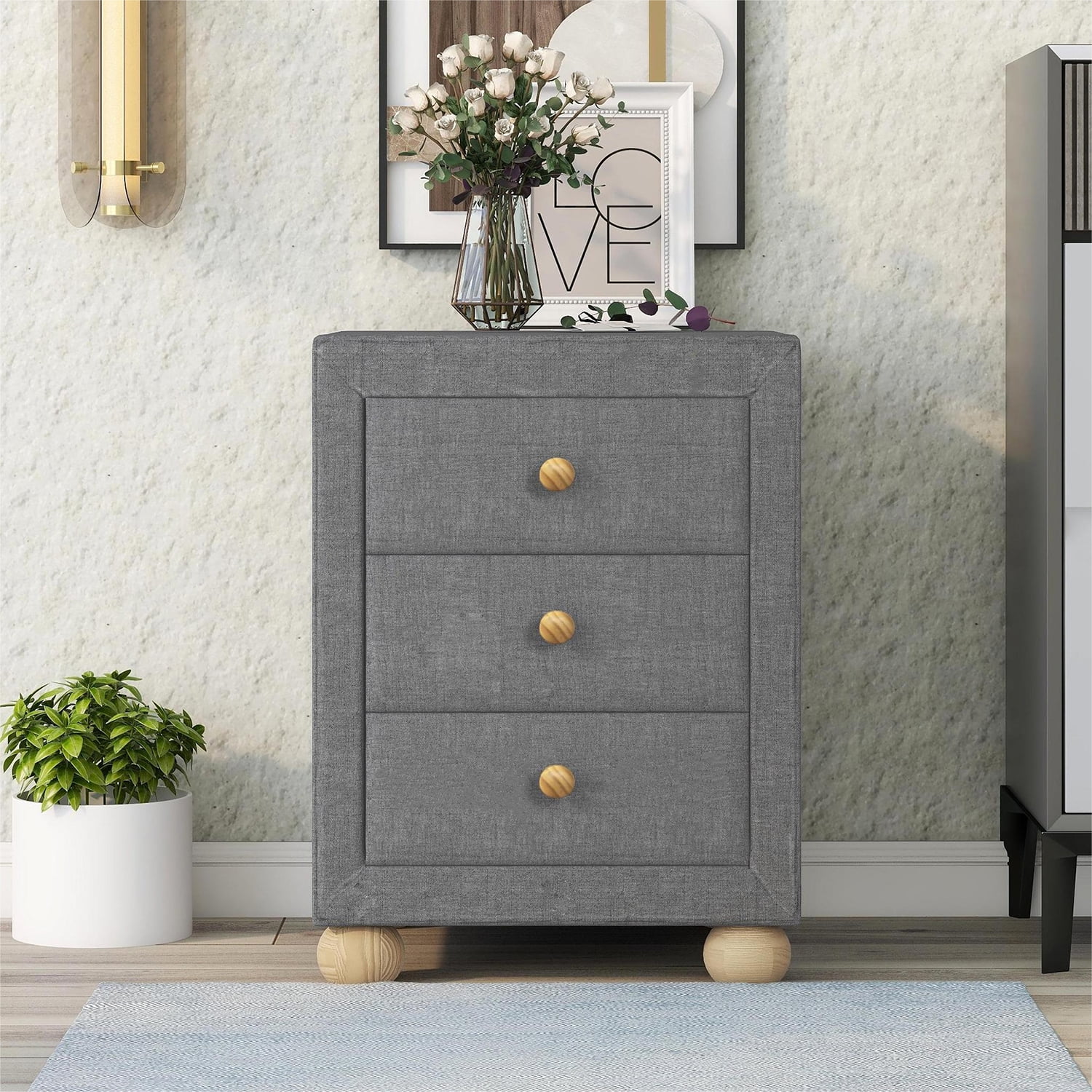 Resenkos Modern 3 Drawers Upholstered Nightstand with Natural Wood Knobs in Dark Gray