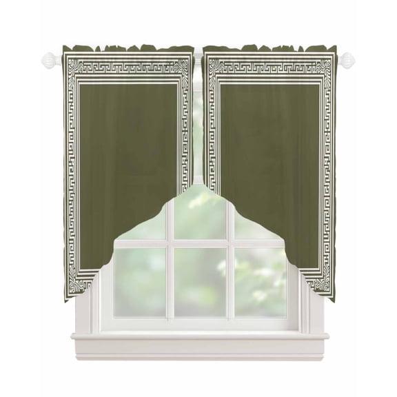 Olive Green Greek Key Swag Valances for Windows, Geometric Greece Ancient Farmhouse Geo Rod Pocket Sheer Valances for Windows, Swag Toppers Light Filtering for Kitchen Living Room 2 Panels 28''x36''