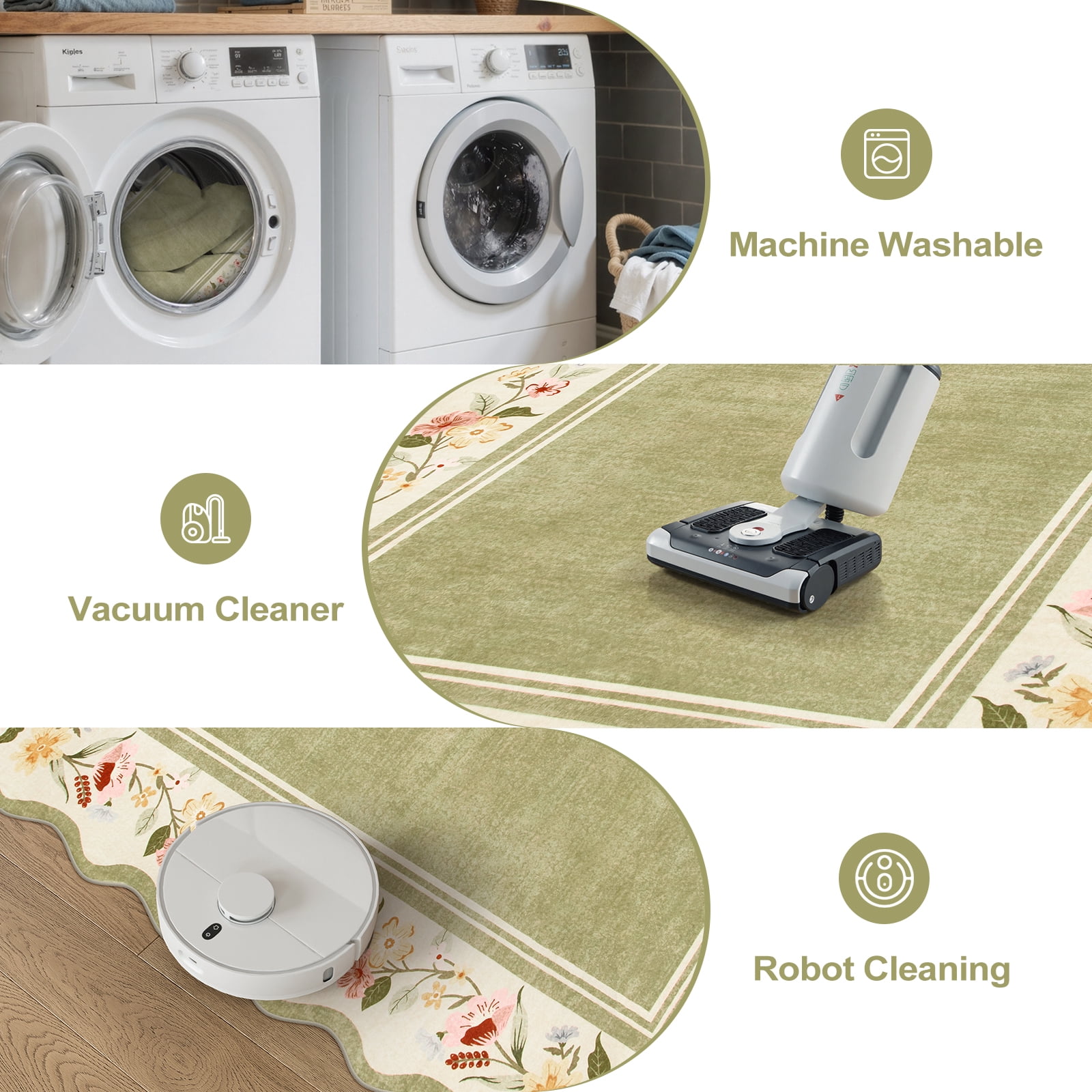 Lahome 2'x3' Boho Floral Washable Small Rug,Ultra-Thin Scalloped Rug, Non-Slip & Stain Resistant,Soft Low-Pile Mat for Kitchen, Bathroom, Bedroom Front Door Indoor Entrance (2x3ft,Green)