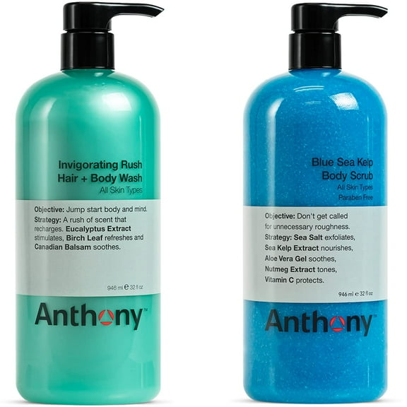 Anthony Invigorating Rush Hair and Body Wash, 32 Fl Oz and Anthony Blue Sea Kelp Body Scrub, 32 Fl Oz