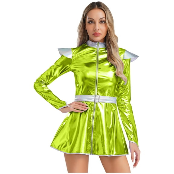 TiaoBug Women's Shiny Metallic Long Sleeve Club Mini Dress Outer Space Cadet Alien Outfits Green S