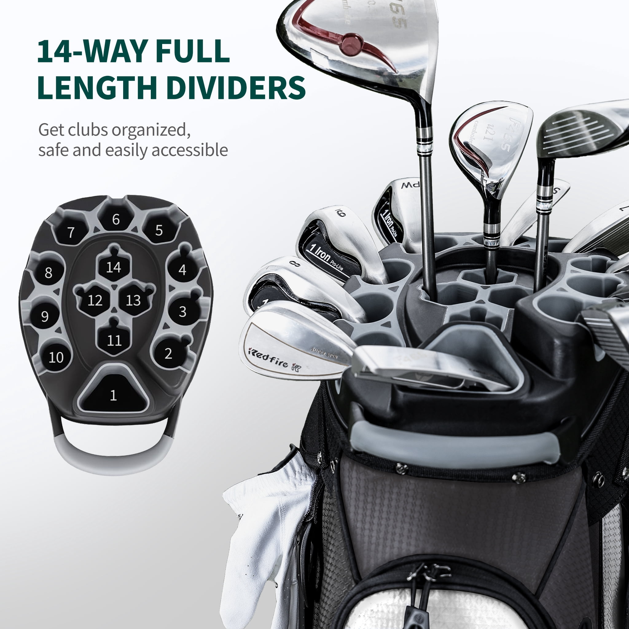 Golf Cart Bag, 14-Way Full-Length Dividers with Quiet Separators, High-Density Nylon Waterproof Material, with Insulated Cooler Pouch & Padded Shoulder Strap- Gray