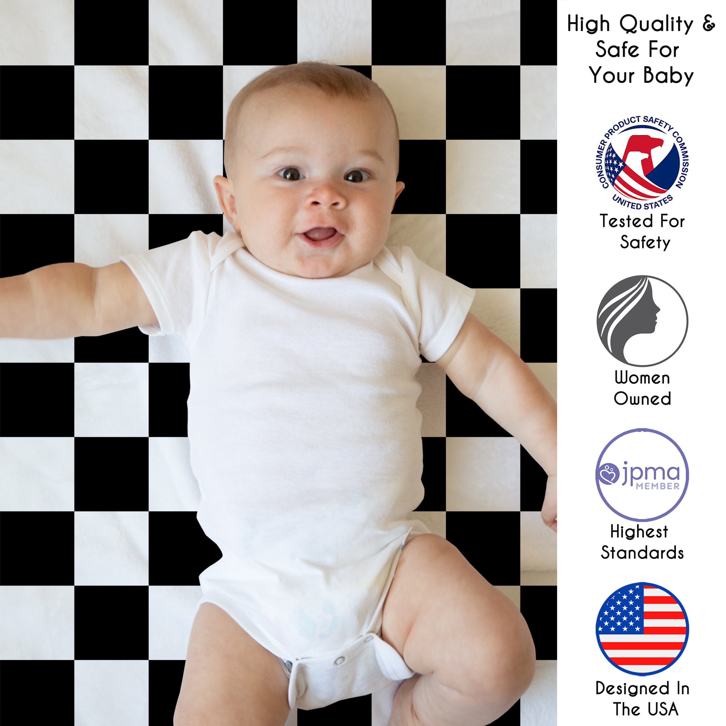 Sweet Jojo Designs Black and White Gingham Checkered Plaid Boy, Girl, Unisex/Gender Neutral Baby Tummy Time Play Mat