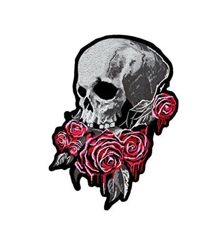 Skull Red Roses Racing Motorcycle Biker Iron on Embroidered Large Back patch XL