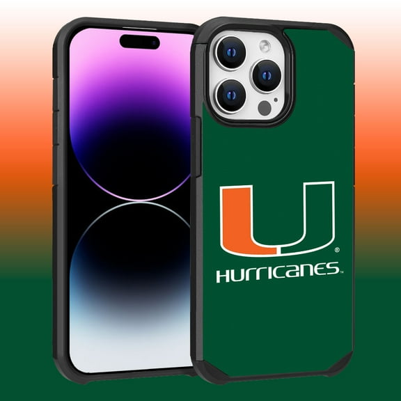 Apple iPhone 14 Pro Max (6.7) - Licensed NCAA University of Miami Hurricanes Logo on Green Textured Dual Layer Case
