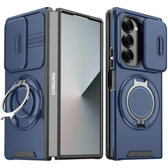 Case for Galaxy Z Fold 5,Military Grade [Built-in Kickstand] Magnetic Rotate Ring Holder Heavy Duty TPU PC Drop Shockproof Protection Phone Case for Samsung Galaxy Z Fold 5 5G,2023 (Blue)